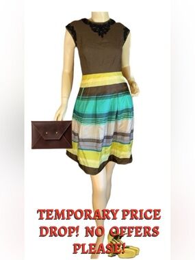 BANANA REPPUBLIC GREEN , BROWN & BLUE STRIPE SILK ROUND SKIRT NWT (8)